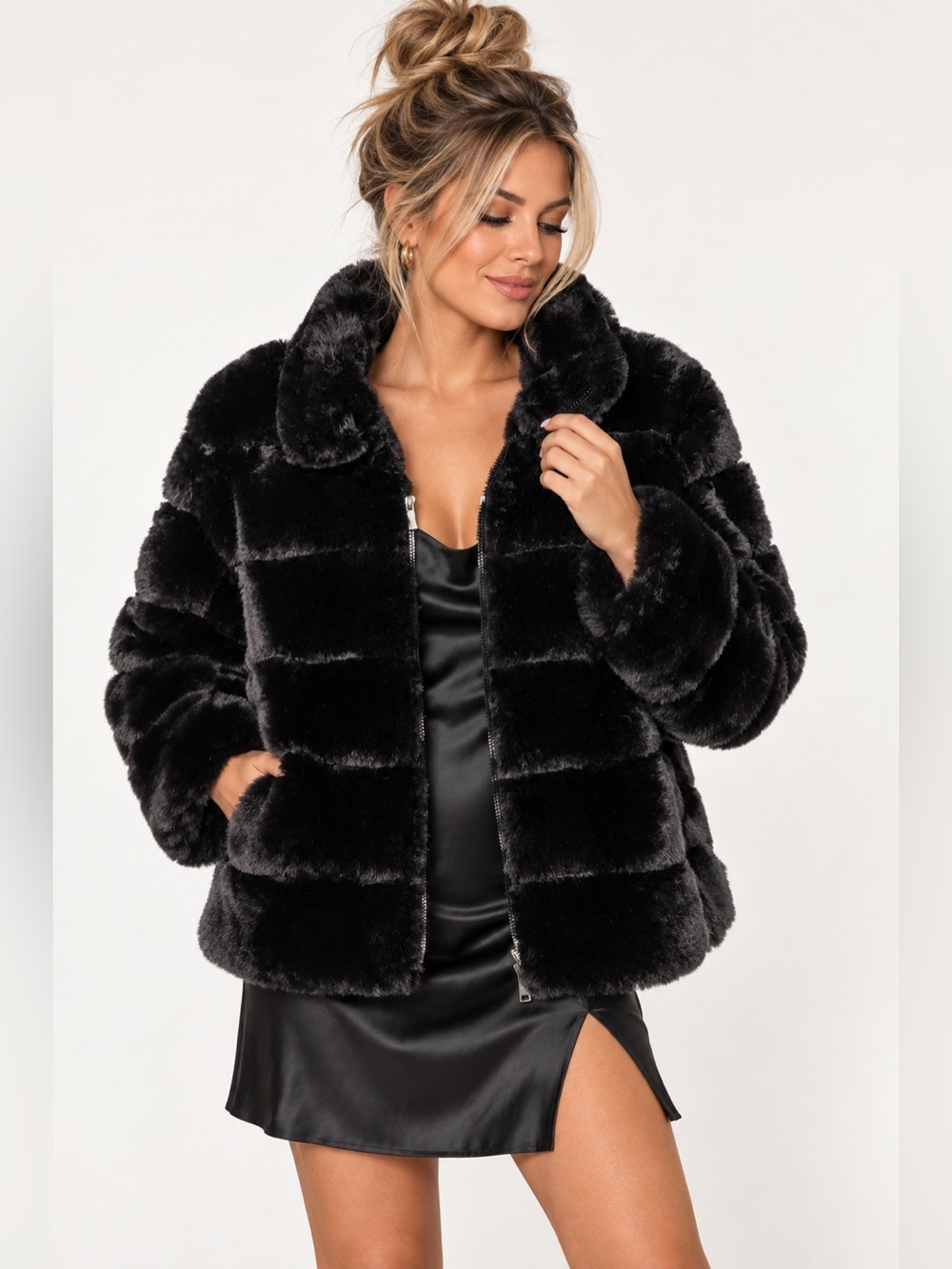 Dennis Basso Black Faux Fur Coat XL NWOT Made in Italy Luxury Plush Jacket